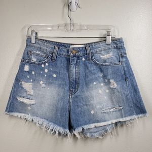 FLYING MONKEY Lightwash bleach splatter frayed distressed jean shorts
